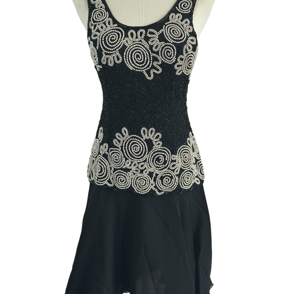 Vintage Laurence Kazar New York Black Silk Pearl Beaded Cocktail Dress Size S